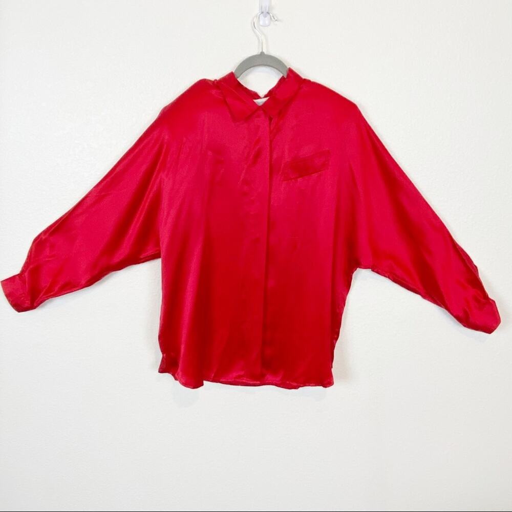 Red Silk Shirt Button Up Dolman Sleeve Vintage 80s Smith & Watson Size 14